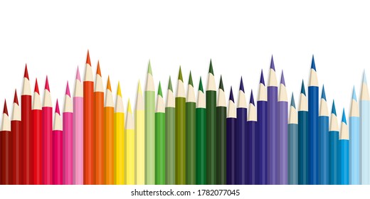 Colored pencils, lots of colors, the view from above. Pencils are located not exactly in a row, but on a wavy line. The concept of creativity and education. Vector illustration