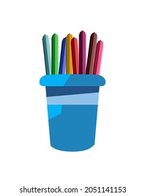 colored pencils in mug on white background