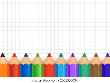 Colored pencils on the background of a notebook. Background for placing text. White blank checkered sheet. Vector illustration.