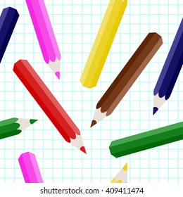 Colored pencils on a background of notebook sheet in a cage. Vector seamless pattern. Background about the school.