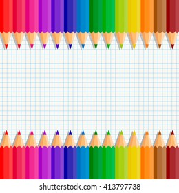 Colored pencils on a background of notebook sheet in a cage. Vector image. Empty place for Your text in the center.
