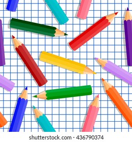 Colored pencils on background tetradic sheet. Seamless vector background. Back to school.