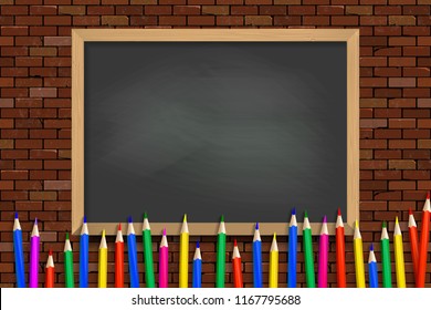 Colored pencils on black school Board background. Vector illustration. Against a brick wall