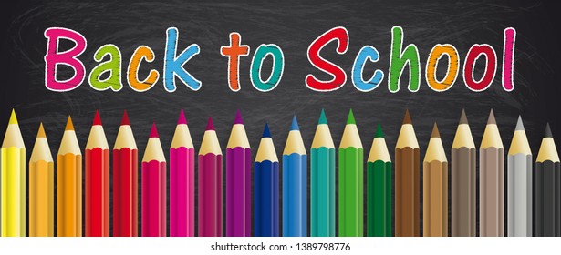 Colored pencils on the chalkboard with the text Back to School. Eps 10 vector file.