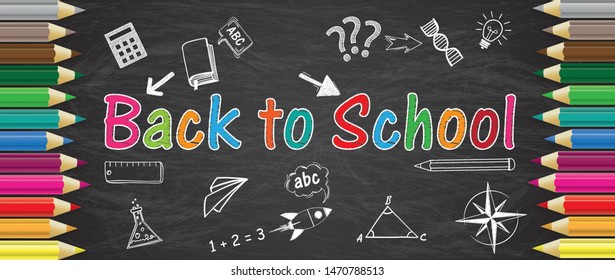 Colored pencils on the chalkboard with the text Back to School. Eps 10 vector file.