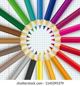 Colored pencils with on the checked paper background. Eps 10 vector file.