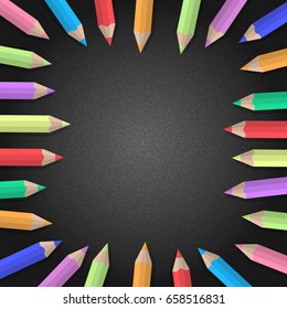 Colored pencils on dark board - concept. Vector illustration.