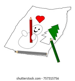 Colored pencils on draft drawing paper; Christmas tree, snowman and heart are being painted in green, white and red. Creative Christmas and New Year concepts. Vector illustration.