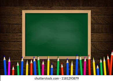 Colored pencils on green school Board background. Vector illustration. On wooden background