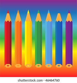 Colored pencils on rainbow background, vector illustration