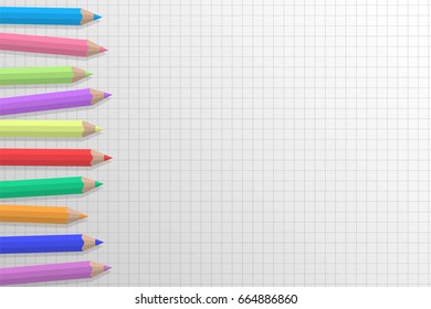 Colored pencils on squared paper background. Vector.