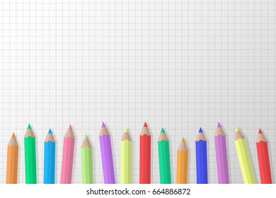 Colored pencils on squared paper background. Vector.