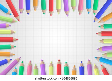 Colored pencils on squared paper background. Vector.