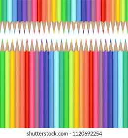 Colored pencils on top and bottom, design frame, vector realistic illustration of colored pencils, isolated on white background.