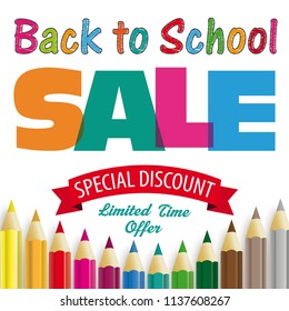 Colored pencils on the white background with the text Back To School Sale. Eps 10 vector file.