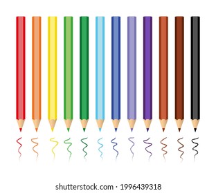 Colored pencils on a white background. Pencils for school education, for kindergarten, for creativity. A set of pencils for drawing. Vector illustration. 