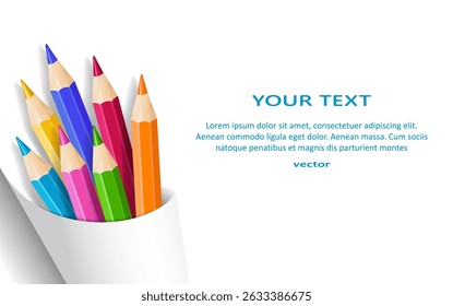 Colored pencils on white background. Back to school background template. National Coloring Book Day concept with copy space