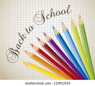colored pencils over paper notebook, back to school. vector