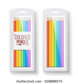 Colored Pencils Packaging Vector. Top View. Pencil Box Mock Up. Branding Design. Isolated Realistic Illustration
