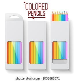 Vector de empaquetado de lápices de colores. Vista superior de la caja de papel de madera. Plantilla de diseño de promoción de marca. Ilustración realista aislada