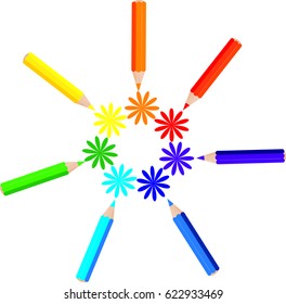   Colored pencils with painted flowers of the same color around 