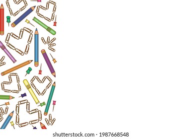 Colored pencils, paper clips and pins. Template. Multi-colored image of objects on a white background. There is free space for text. Vectron illustration.