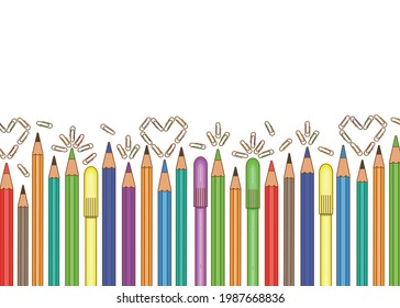 Colored pencils and paper clips. Template. Multi-colored image of objects on a white background. There is free space for text. Vectron illustration.