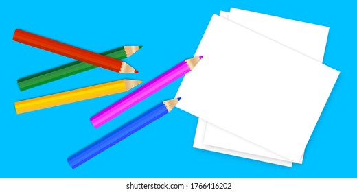 Colored pencils and paper. Vector icon. School krayon without an eraser. Office tools.