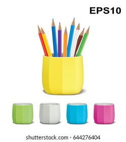 Colored Pencils and Pencil Holders. Vector illustration