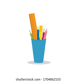 Colored pencils, pens and ruler in a glass for office and home. Vector illustration isolated on white background.