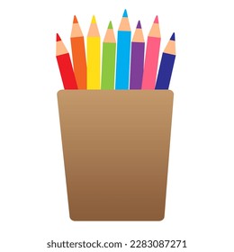 Colored pencils in plastic cup, Color paint for children. Vector illustration