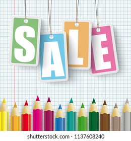 Colored pencils with price stickers and the text Sale. Eps 10 vector file.