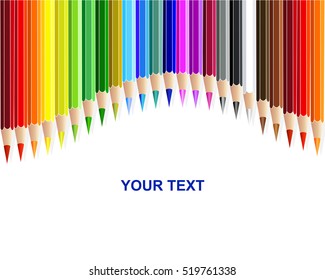 Colored pencils, rainbow curtain background. Vector illustration