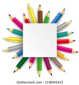 Colored pencils with rectangle emblem on the white background. Eps 10 vector file.