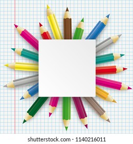 Colored pencils with rectangle emblem on the checked background. Eps 10 vector file.