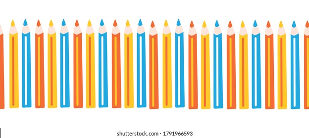 Colored pencils repeating horizontal vector border. Seamless pattern. Crayons. Use for back to school decor, kids, children