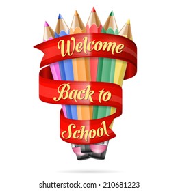 Colored Pencils with Ribbon and text Back to School, vector isolated on white background. Easy to change color.