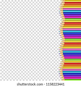 Colored pencils right line in shape of wave, multicolored border frame with empty copy space for text isolated on transparent background. Creative back to school, teacher's day  template, clip art.