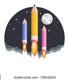 colored pencils rockets with moon flat design icon