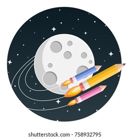 colored pencils rockets with moon flat design icon