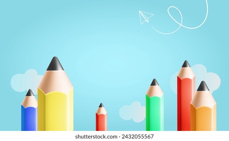 Colored pencils row on blue sky background with clouds, vector illustration