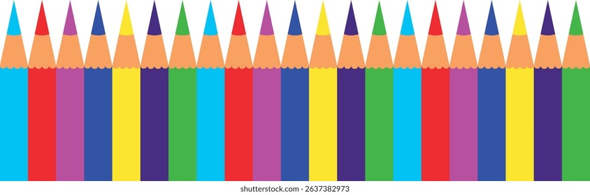 Colored pencils in a row of the same height. Isolated vector design element.
