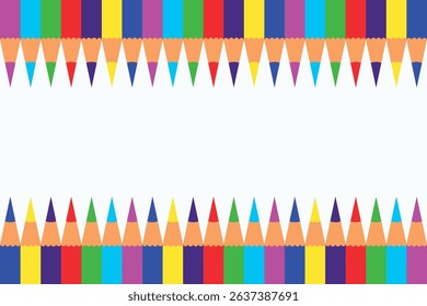 Colored pencils in a row of the same height at the top and bottom. Vector background with colored pencils on a white background.