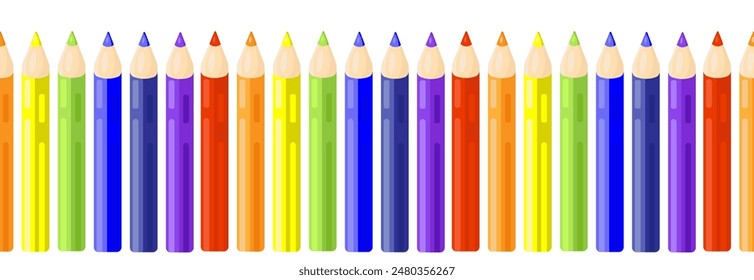 Colored pencils in a row seamless pattern on a white background.Background with colored pencils.School supplies.Art supplies.Stationery.Vector illustration