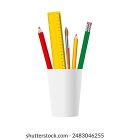 Colored pencils and a ruler in a glass. Vector illustration isolated on white background.