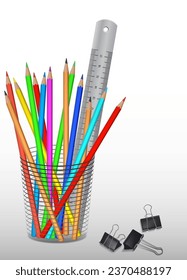 Colored pencils with a ruler. Vector illustration of a set of colored pencils. Sketch for creativity.