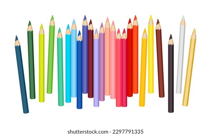 Colored pencils are scattered on white background. Set of bright pencils for drawing. Vector cartoon flat illustration on school supplies.