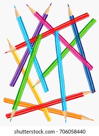 Colored pencils scattered set hand drawn vector doodle illustration. Crayons collection isolated over white background.