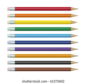 Colored pencils set with different colors of erasers. Isolated on white