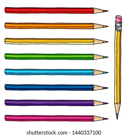 Colored pencils set hand drawn vector doodle illustration. Crayons collection isolated over white background.